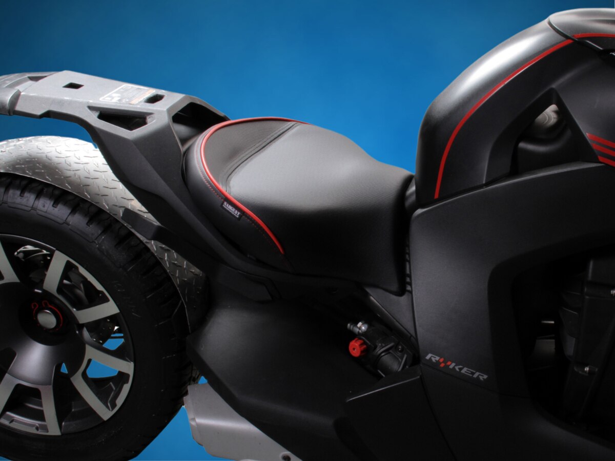 World Sport Motorcycle Seat for the Can-Am Ryker - new from Sargent! Shown with DTX and Red Accents.